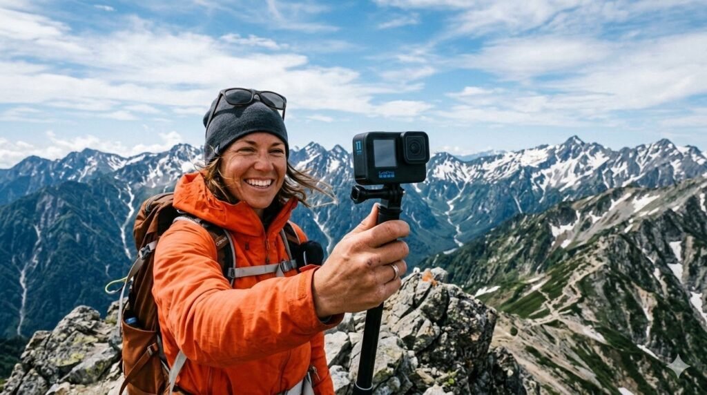 アクションカメラで山頂から自撮りする女性