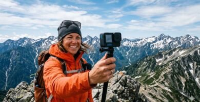 アクションカメラで山頂から自撮りする女性