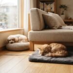 ペット用ヒーターマットの上で眠る猫とクッションで休む犬