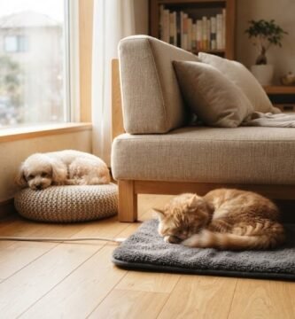ペット用ヒーターマットの上で眠る猫とクッションで休む犬
