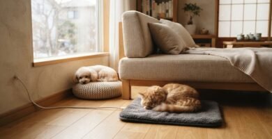 ペット用ヒーターマットの上で眠る猫とクッションで休む犬