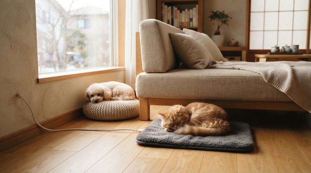 ペット用ヒーターマットの上で眠る猫とクッションで休む犬